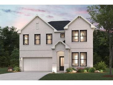 Charming two-story brick home with a two-car garage and a well-manicured front lawn and black trim windows at 2088 Brookhill Way, Snellville, GA 30078