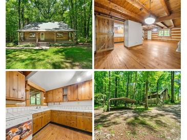 Property collage featuring a log cabin, interior, and exterior views at 1975 Mack Rd, Douglasville, GA 30135