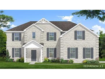 Charming two-story brick home featuring gray shutters, a covered entryway, and manicured landscaping at 421 Hartsfield Rd, Mcdonough, GA 30253
