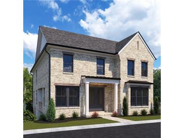 Two-story brick home featuring black window frames, dark roof, and a well-manicured front lawn at 114 Cottage Gate Ln, Roswell, GA 30076