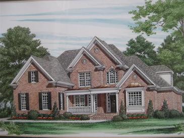 Illustration of a brick two-story home with white trim, black shutters, and mature trees at 2883 Thurleston Ln, Duluth, GA 30097