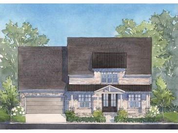Charming home featuring stone accents, a covered entrance, and a two-car garage, surrounded by lush greenery at 5315 Keepsake Court, Cumming, GA 30040