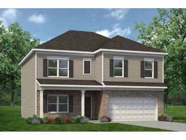 Two-story home with a brick and siding exterior, complemented by a well-manicured front lawn and lush green trees at 48 Calla Dr, Douglasville, GA 30134