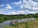 Picturesque pond features a wooden dock extending into the water, surrounded by lush greenery and clear blue skies at 0 Hawkins Academy Rd, Social Circle, GA 30025