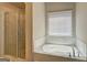 Bathroom features white quartz counters, a soaking tub, and stand-up shower at 161 Jodi Pl, Locust Grove, GA 30248