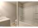 Bathroom featuring a shower tub combo, vinyl floor and single vanity at 161 Jodi Pl, Locust Grove, GA 30248