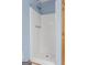 Bathroom featuring walk-in shower with blue walls and wood cabinet at 125 Laney Ct, Mcdonough, GA 30252
