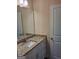 Bathroom with granite countertop, stylish vanity, and white cabinets, adjacent to a closed door at 200 Parker Dr, Mcdonough, GA 30253