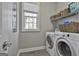 A well-lit laundry room is equipped with a washer, dryer, storage, and a window for natural light at 684 Brooks Woolsey Rd, Brooks, GA 30205