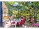 Charming deck area with table, chairs, umbrella and lots of greenery at 50 Persian Pl, Whitesburg, GA 30185