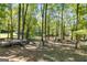 Backyard with a swing set, slide, and trampoline surrounded by tall, shady trees at 50 Persian Pl, Whitesburg, GA 30185
