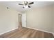 Bedroom with ceiling fan and wood-look flooring at 108 Adrian Dr, Stockbridge, GA 30281