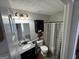 Bathroom with a vanity, mirror, cabinet and tiled shower at 15 Huntington Dr, Grantville, GA 30220