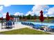 Resort-style pool with lounge chairs and red umbrellas at 157 Aster Ave, Locust Grove, GA 30248