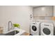 Bright laundry room with washer, dryer, cabinets, and a utility sink at 603 Parnassus Rd, Locust Grove, GA 30248