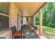 Covered patio with outdoor dining area, fireplace, and wooded view at 4051 Rotterdam Pass, Hampton, GA 30228