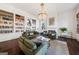 Living room with fireplace, built-in shelving, and green sofas at 3115 Pennington Sw St, Covington, GA 30014