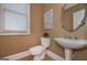 Small powder room with pedestal sink, toilet and hardwood floor at 3443 Pinemont Dr, Douglasville, GA 30135