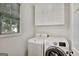 Bright laundry room with washer, dryer, and overhead cabinets at 125 Fawn Brook Pass, Fayetteville, GA 30215