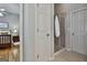 Bathroom with shower, tile floor, and linen closet at 32 American Walk, Peachtree City, GA 30269