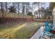 Spacious backyard with grass lawn, privacy fence, mature trees, and patio with stylish blue outdoor chairs at 429 Burgundy Se Ter, Atlanta, GA 30354