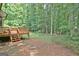 Large backyard featuring deck, mature trees and steps stones at 215 Kingswood Dr, Fayetteville, GA 30215