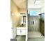 Modern bathroom with a walk-in shower and white vanity at 1279 Allene Sw Ave, Atlanta, GA 30310