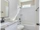 Clean bathroom with subway tile, shower/tub combo and granite vanity at 20 Platinum Rdg, Sharpsburg, GA 30277