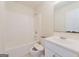Simple bathroom featuring a shower/tub combo and vanity at 504 Serene Waters Trl, Jonesboro, GA 30236