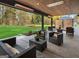 Covered patio area featuring outdoor seating, heaters, and serene backyard views at 200 Simonton Rd, Lawrenceville, GA 30046