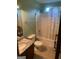 Bathroom with granite countertop and a shower/tub combo at 2658 Deann Dr, Ellenwood, GA 30294