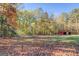 Large backyard with red barn and autumn leaves at 155 Island Shoals Rd, Covington, GA 30016