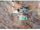 Aerial view showing house, pool, and detached workshop at 130 Seneca Pl, Fayetteville, GA 30215