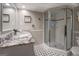Modern bathroom with granite vanity and large shower at 260 Lawrenceville St, Mcdonough, GA 30253