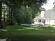Large backyard with well-maintained lawn and in-ground pool, surrounded by greenery and mature trees at 90 Barrington Grange Dr, Sharpsburg, GA 30277