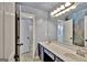Bathroom featuring double sinks, a large mirror, and a peek into an adjacent room with a shower/tub at 90 Barrington Grange Dr, Sharpsburg, GA 30277