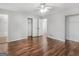 Large bedroom with hardwood floors and two closets at 5893 Nell Ln, Ellenwood, GA 30294