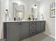 Elegant bathroom featuring double vanity with modern fixtures, white countertops, and gray cabinets at 130 Glasgow Ln, Fayetteville, GA 30214