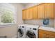 Bright laundry room with cabinets, sink, and front-loading washer and dryer at 101 Kenmare Row, Tyrone, GA 30290