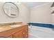 Bathroom with a granite countertop vanity and blue tile tub at 3411 Airline Rd, Mcdonough, GA 30252