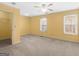 Spacious bedroom with yellow walls features plush carpet, ceiling fan, and natural light from two windows at 445 Turner Dr, Mcdonough, GA 30252