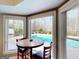 Cozy breakfast nook with table, chairs, and large windows overlooking the pool at 709 Prestige Pt, Peachtree City, GA 30269