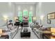 Spacious living room with high ceilings, fireplace, piano, and large arched windows at 709 Prestige Pt, Peachtree City, GA 30269