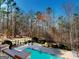 A beautiful backyard pool surrounded by lush greenery and a wooded area creating a private oasis at 709 Prestige Pt, Peachtree City, GA 30269