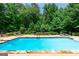 A beautiful large pool with lounge chairs and a lovely garden view in the backyard at 709 Prestige Pt, Peachtree City, GA 30269