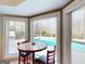 Breakfast nook with views of a private outdoor pool and patio area, surrounded by lush landscaping at 709 Prestige Pt, Peachtree City, GA 30269