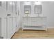 Bathroom featuring double sink vanity with sleek fixtures and white cabinets at 200 Deer Forest Trl, Fayetteville, GA 30214