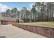 Private backyard with brick retaining wall and views of surrounding trees and lawn at 465 Camelot Dr, Fayetteville, GA 30214