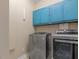Laundry room with modern appliances and blue cabinets at 135 Oakpark Ter, Mcdonough, GA 30253