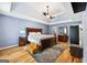 A spacious main bedroom with tray ceilings, ceiling fan, and en-suite bathroom at 230 Wyngate Cir, Fayetteville, GA 30215